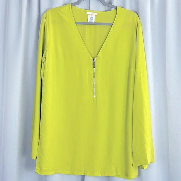 Michael Michael Kors Lime Green Zipper V-Neck Long Sleeve Tunice Top Size S - Picture 1 of 5